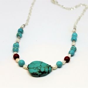 Turquoise and pearl statement necklace